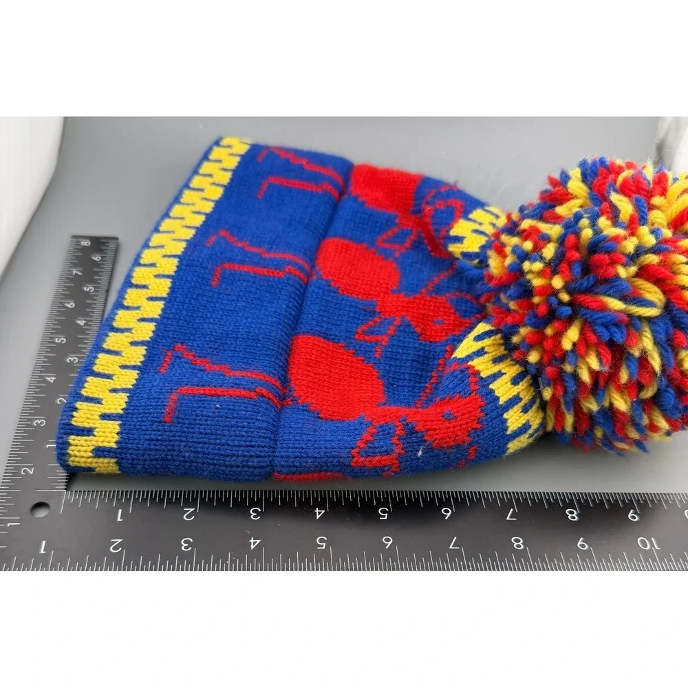 Vintage Beanie Ski Hat 100% Wool Knit Pom Pom Blue Red Yellow Winter Cap